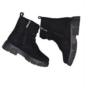 Black Chunky Platform Lace-Up Ankle Boots With Side Zipper Faux Suede Material W